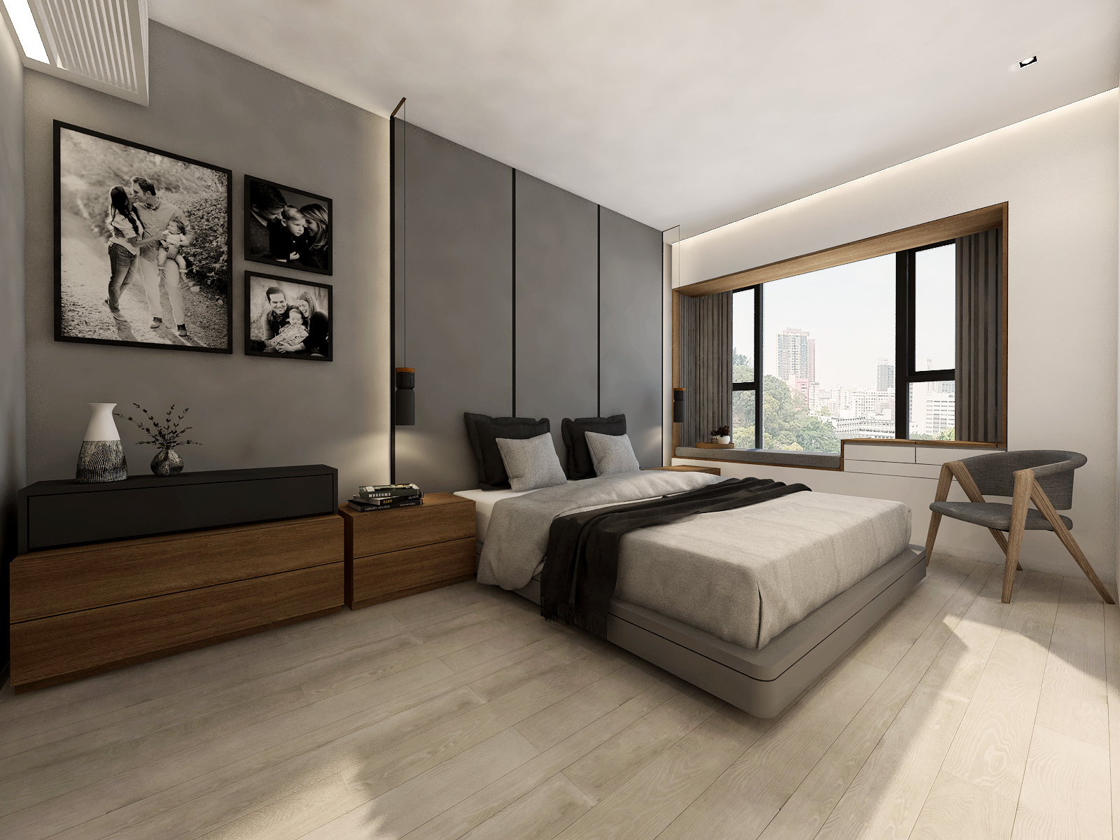 Another bedroom featuring a large white built-in wardrobe and a lounge chair