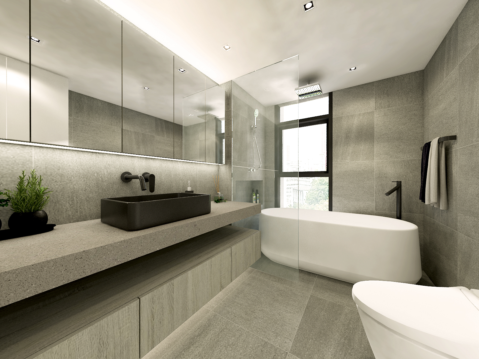 Bathroom with a bathtub, glass shower enclosure, stone-effect tiles and wood-effect cabinetry