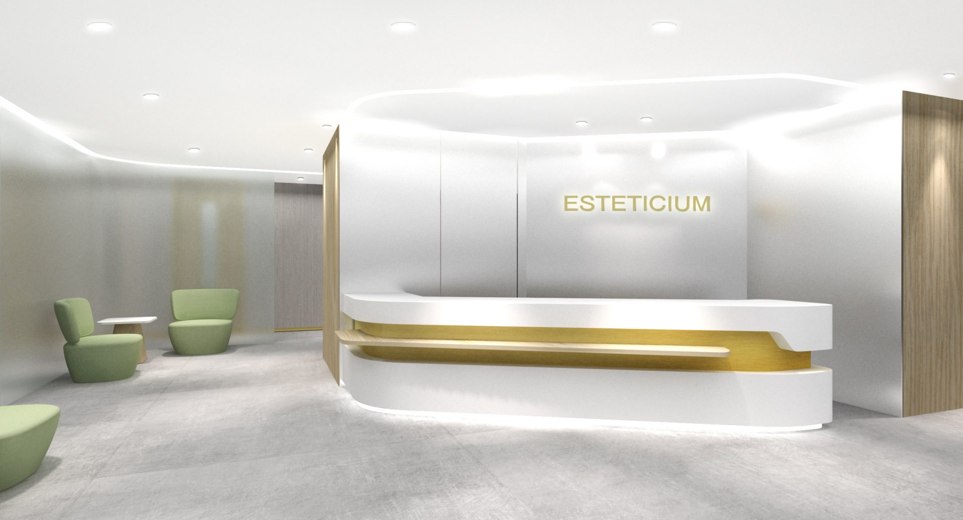 ESTETICIUM Medical Aesthetic Centre | reception with streamlined white design, accented with gold details and the brand logo