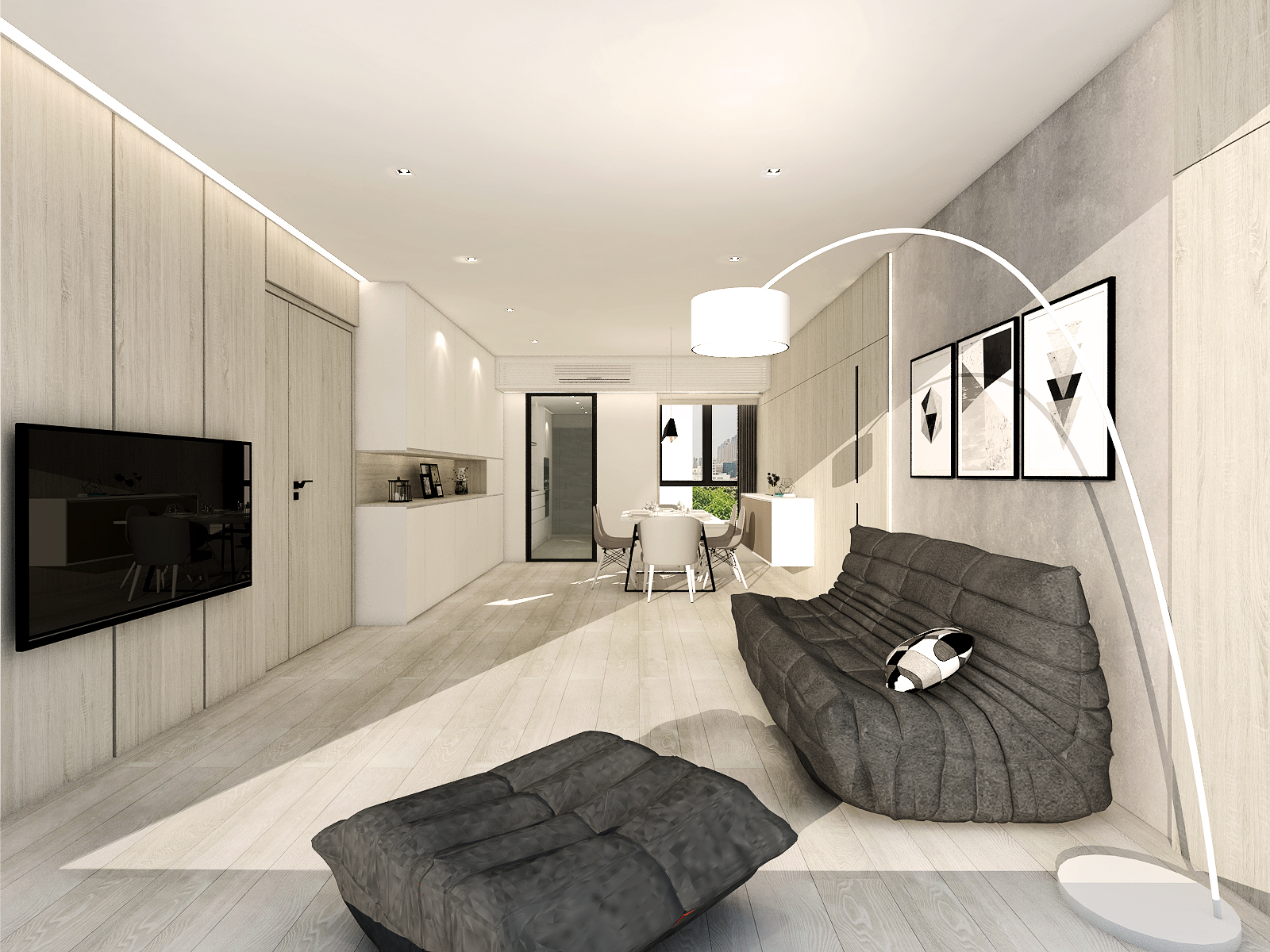 Living and dining area panorama, featuring a long dining table, a sofa and large windows