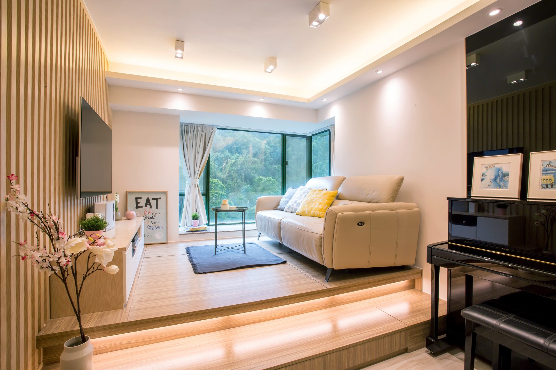 Living room wood‑grain floor and sofa area