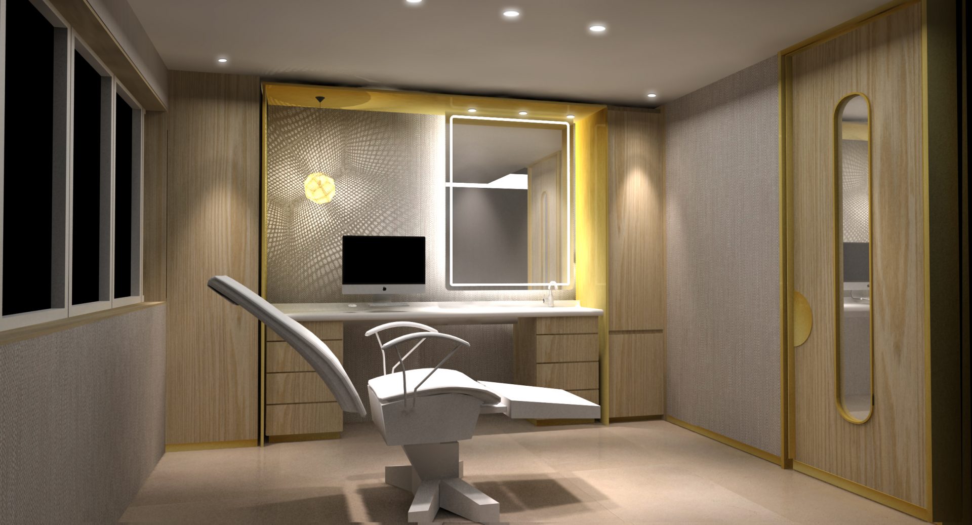 ESTETICIUM Medical Aesthetic Centre | treatment room with large mirror and professional lighting, furnished with a comfortable treatment bed