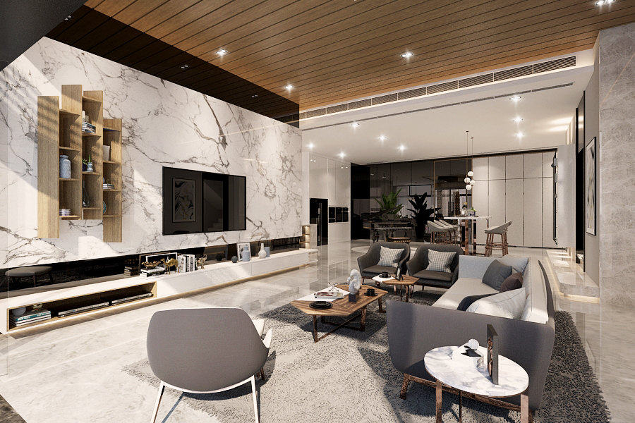 Sha Tin villa | Bedroom with deep-grey headboard wall and large windows