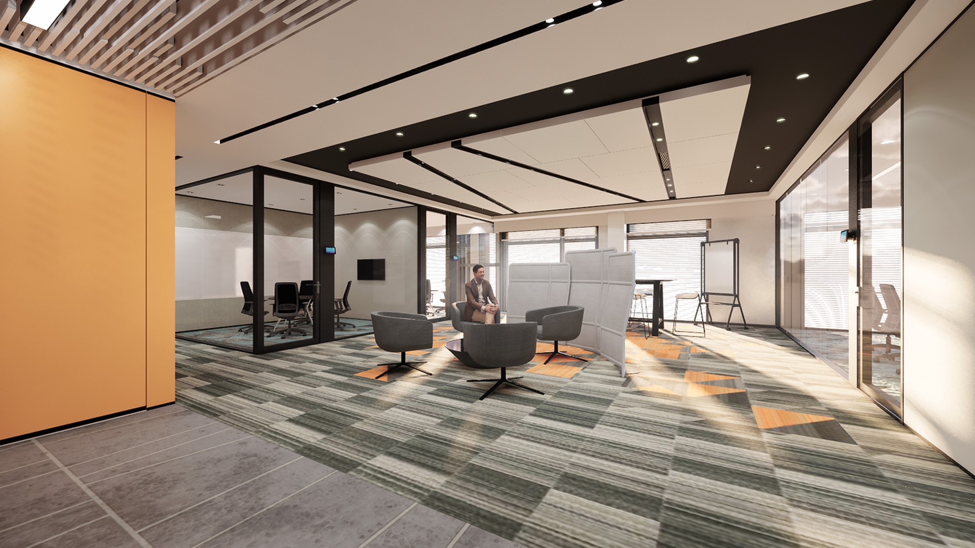 Management Authority Office Building｜gym fitted with fitness equipment, a timber slat ceiling and planted decoration