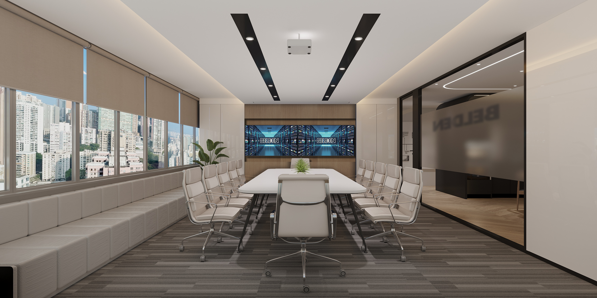 Belden Hong Kong Headquarters | Pantry or communal area with long wooden table and high stools