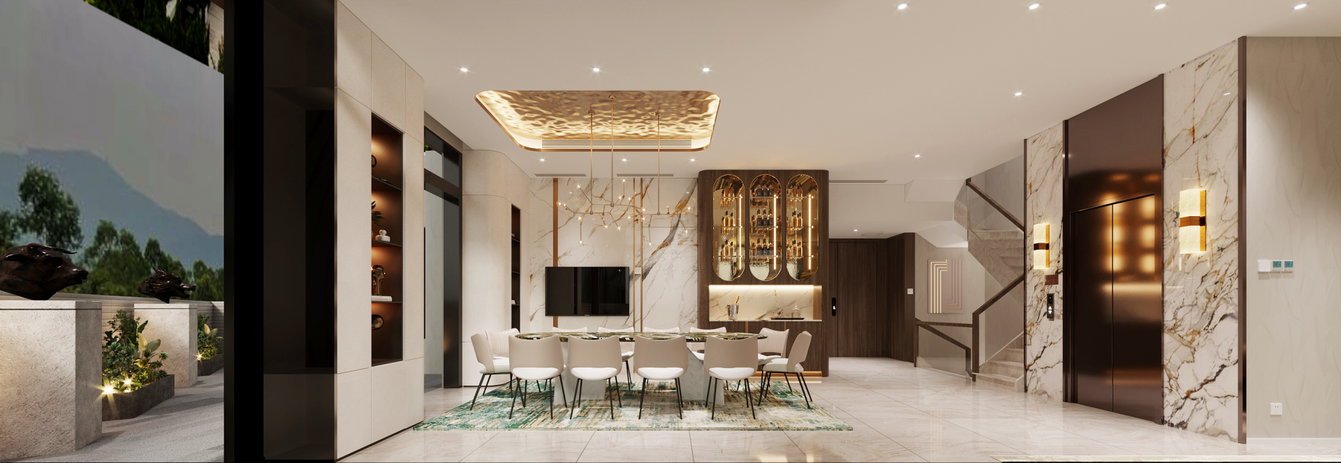 Shan Shui Ying | Open-plan living and dining room, dining table and chairs, and a wine cabinet
