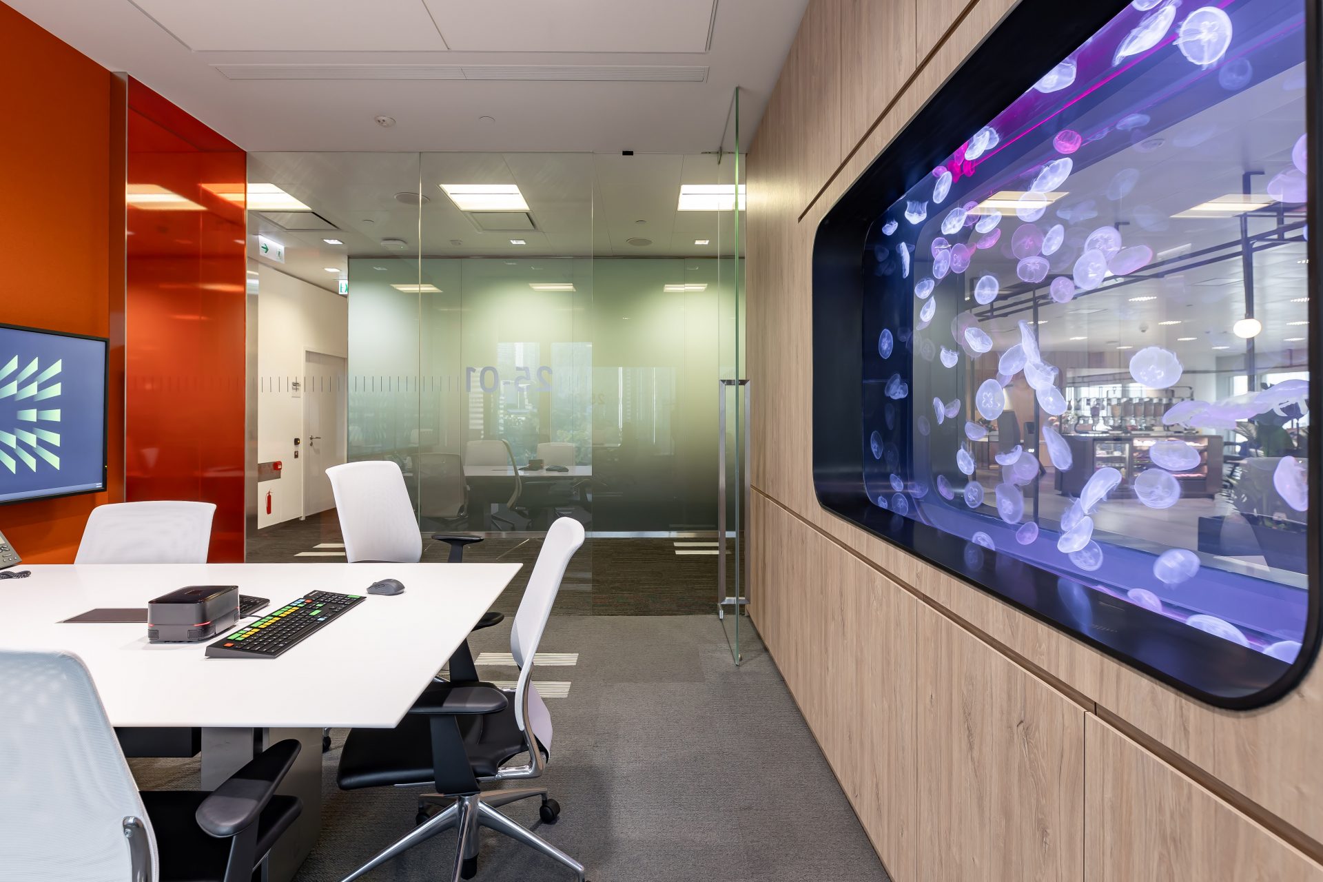 Bloomberg pantry and meeting-room feature wall | Meeting-room lighting and glass partitions