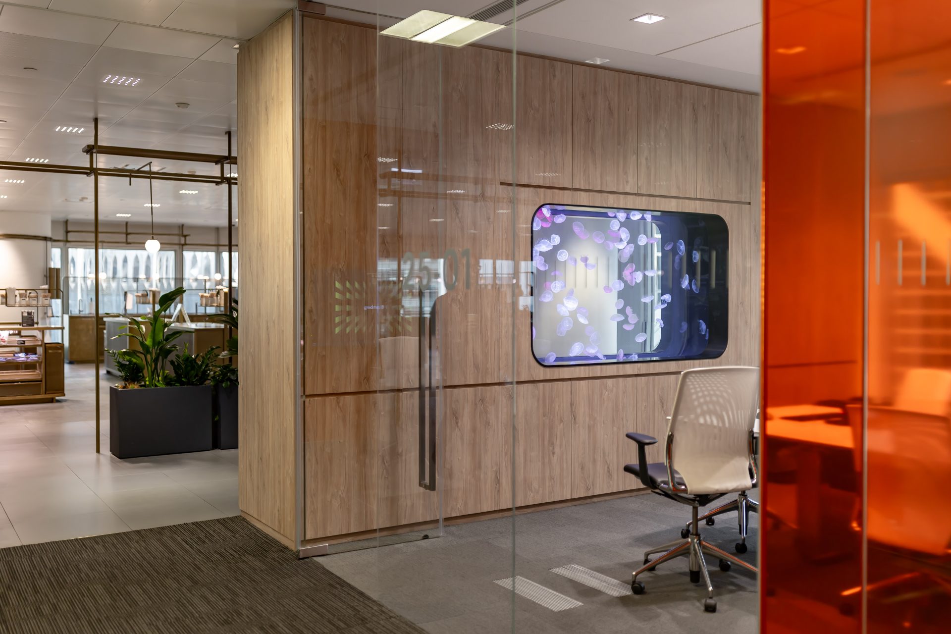 Bloomberg pantry and meeting-room feature wall | Meeting-room interior and conference table