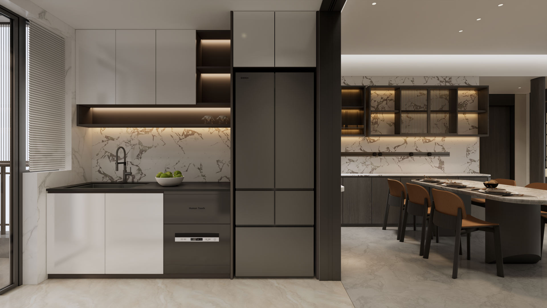 ． — Dining room marble feature wall and dining table