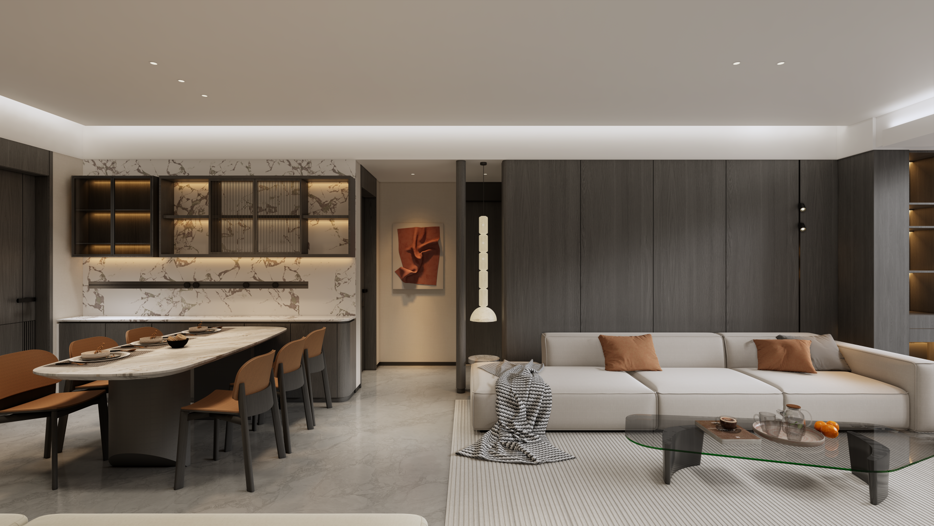 ． — Open-plan living and dining area with dark timber-clad walls