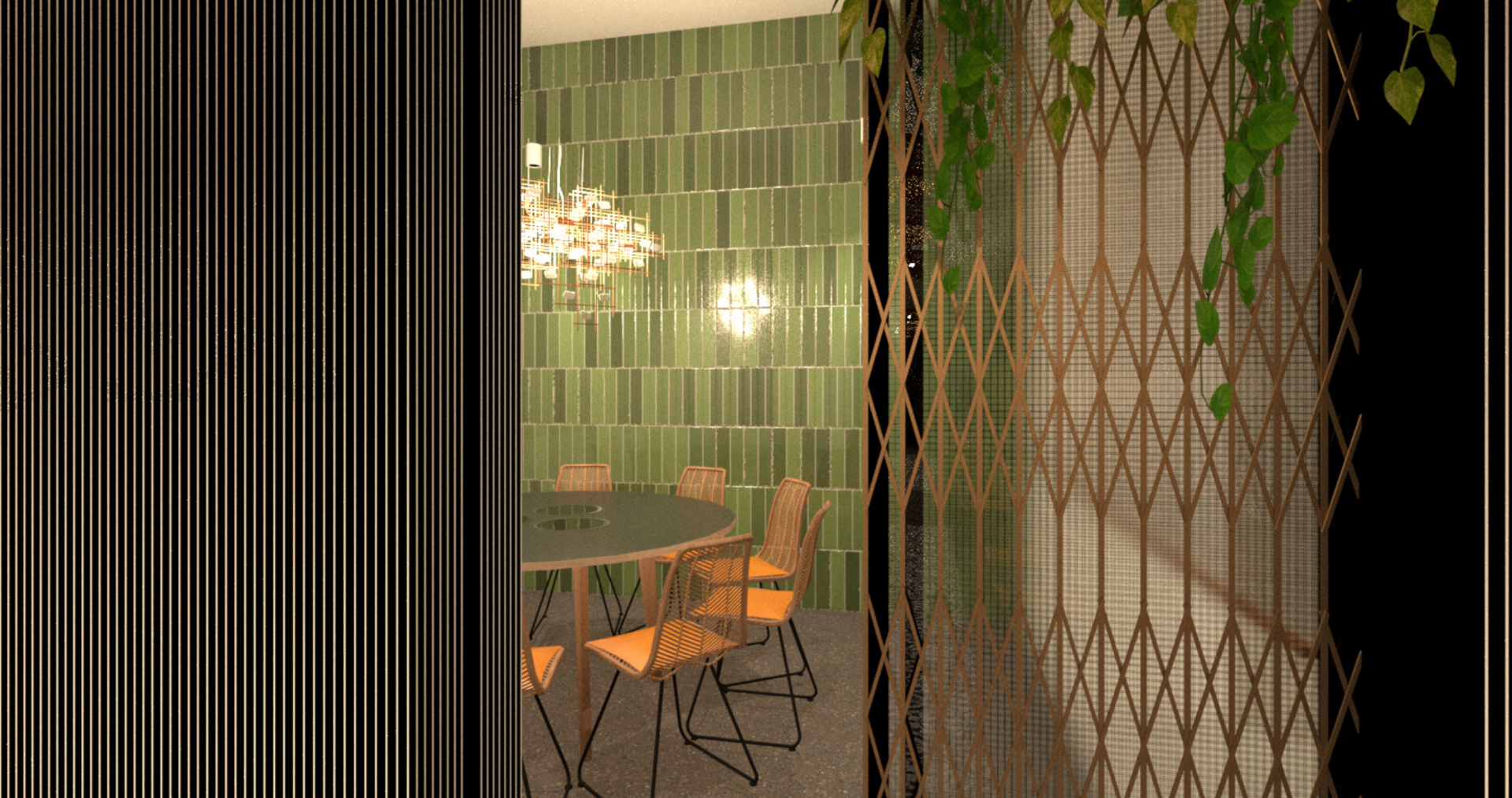 Partial interior detail showing a green tiled wall, metal grille and plant decoration