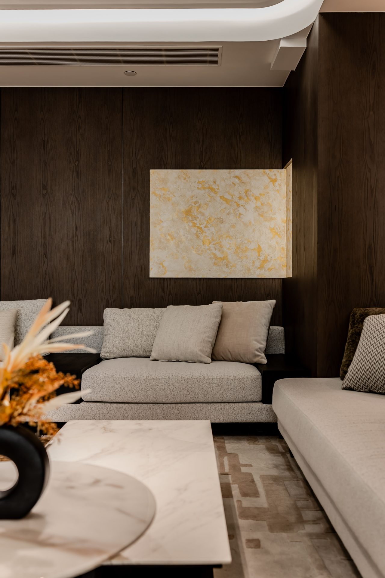 EDD and Easyhome Plus Experience Centre | marble-effect feature wall with purple backlighting