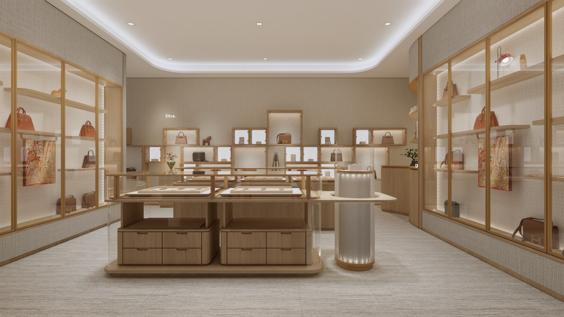 central display island, wooden display cabinets and bright lighting