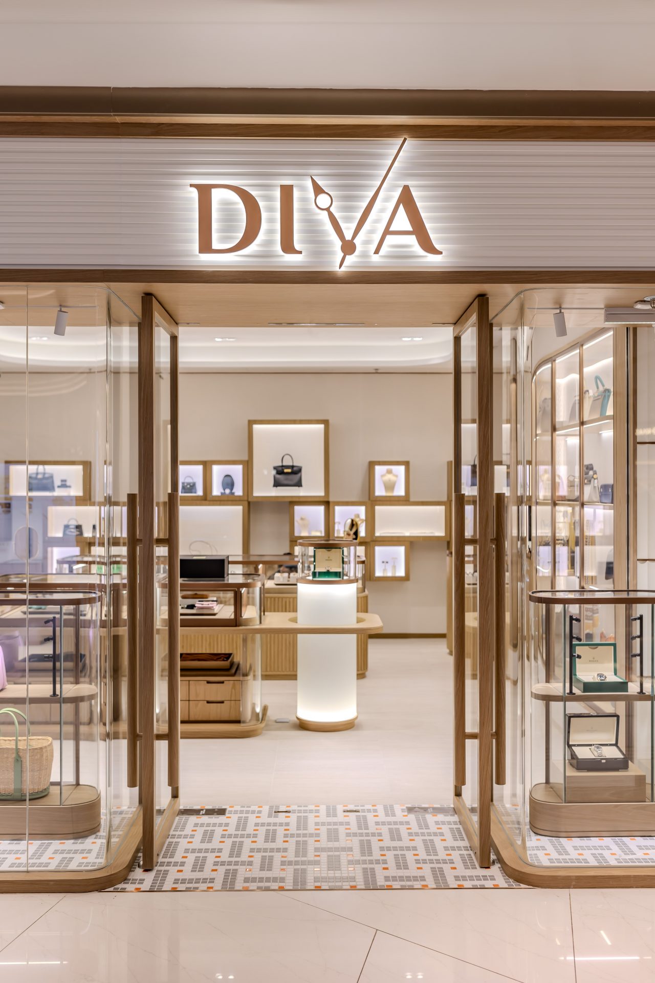 long display cabinets, timber slat detailing and glass display area