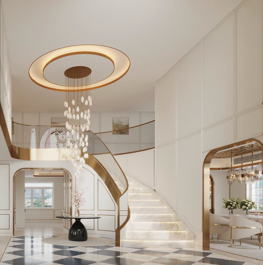 New York Detached House | Staircase and entrance area, highlighting materials and lighting