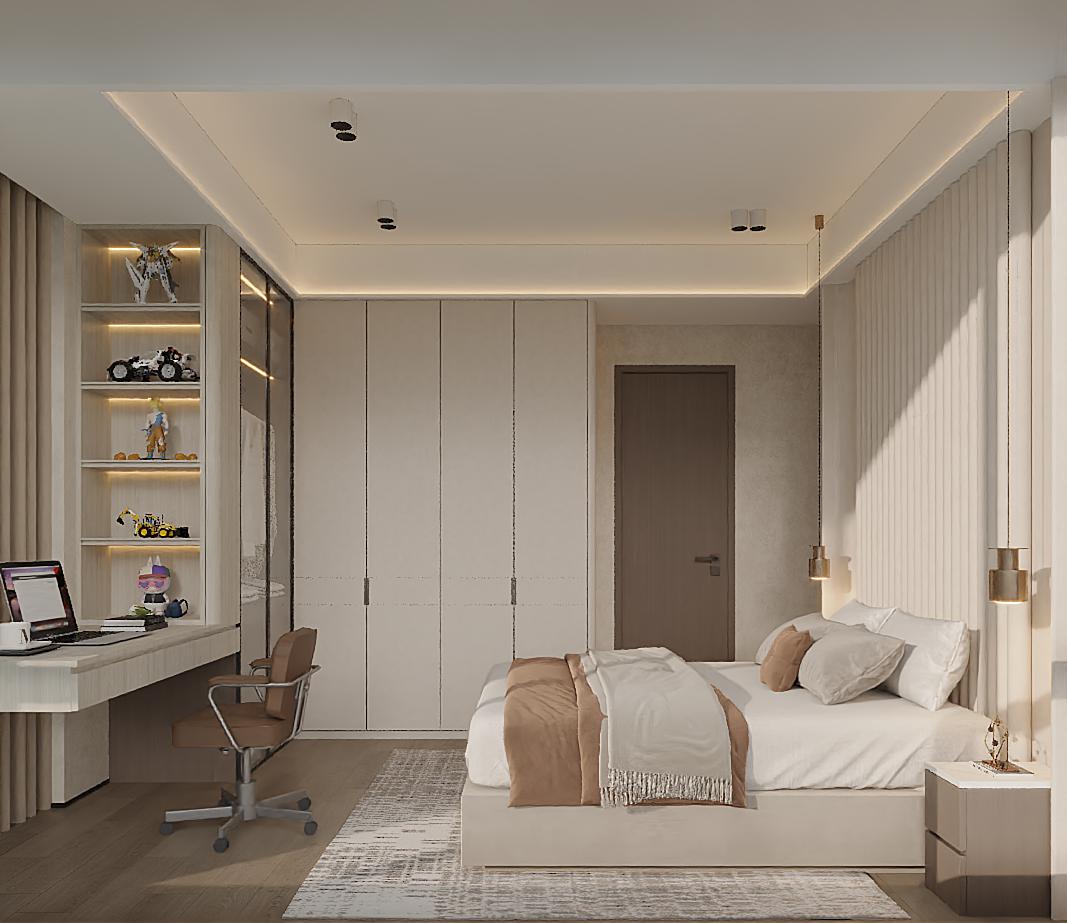 ． — Bedroom, including bed, desk, office chair, wardrobe and display shelving
