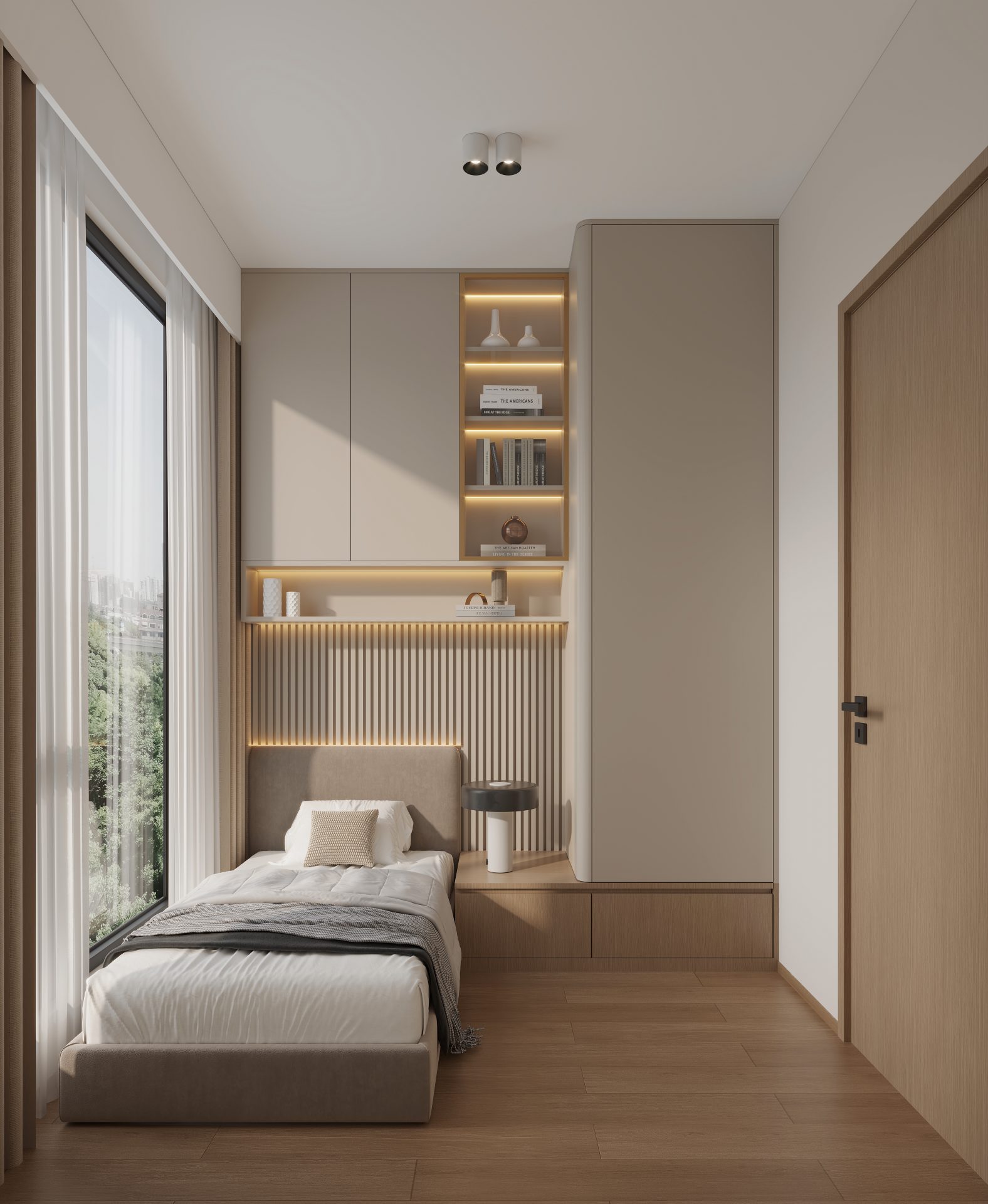 12 C Grand Seasons — Bedroom, fitted with a single bed, an L-shaped low cabinet and a feature wall finish