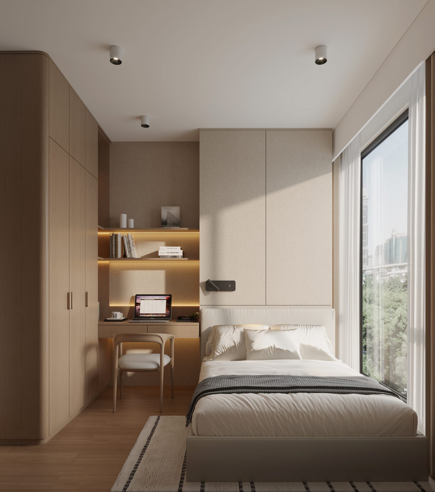12 C Grand Seasons — Bedroom, fitted with a single bed, a tall wardrobe and open shelving with a diffused light strip