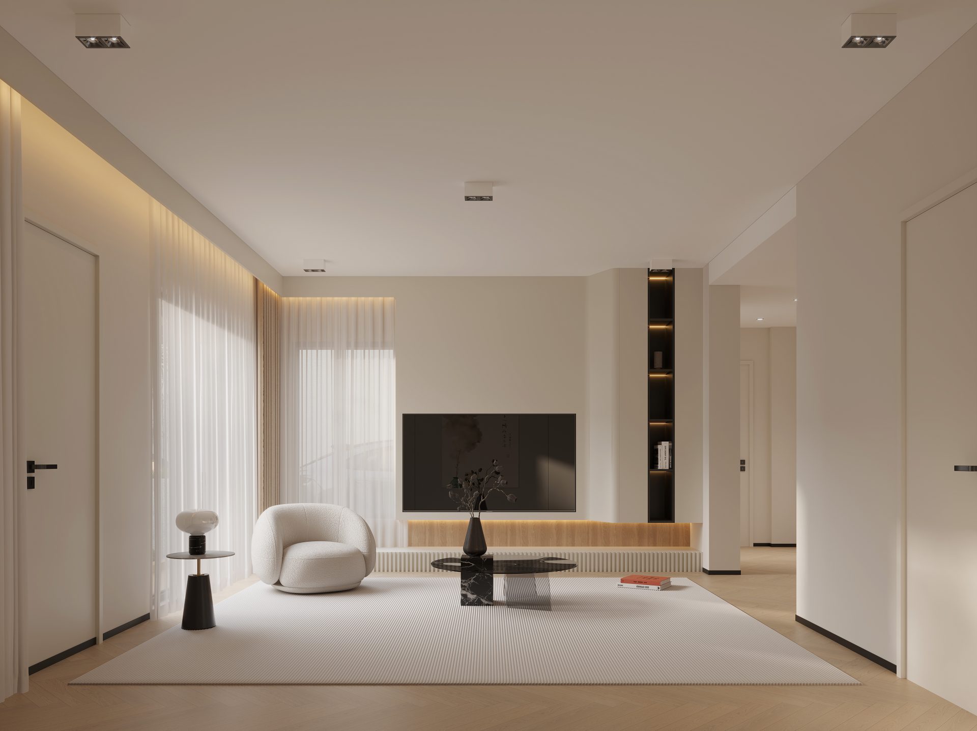 Living area with a minimalist sofa, TV wall and distinctive coffee table
